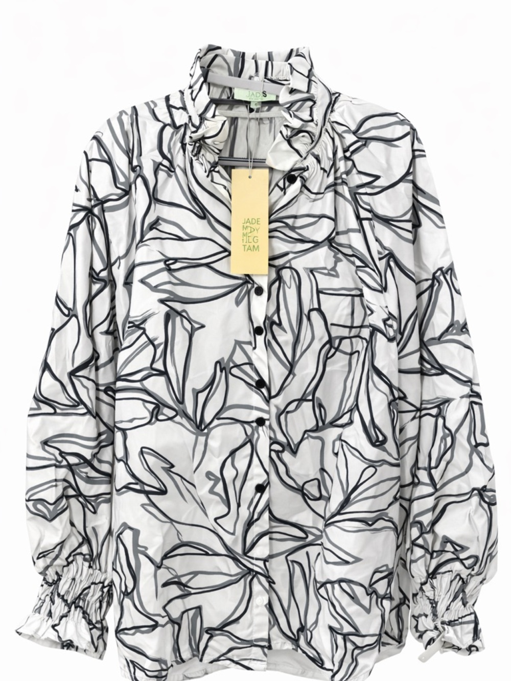 Jade Melody Tam Women’s Blouse Size Small NWT Black Leaf Print Ruffle Neck Top